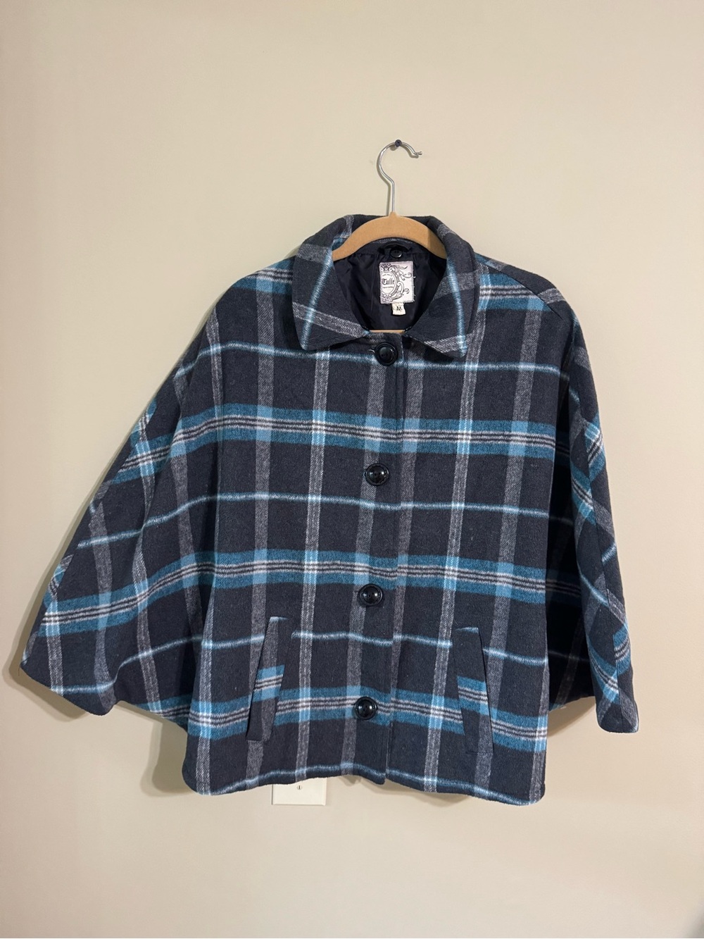 Anthropologie Tulle Wool Blend Cape Plaid Coat Size Medium